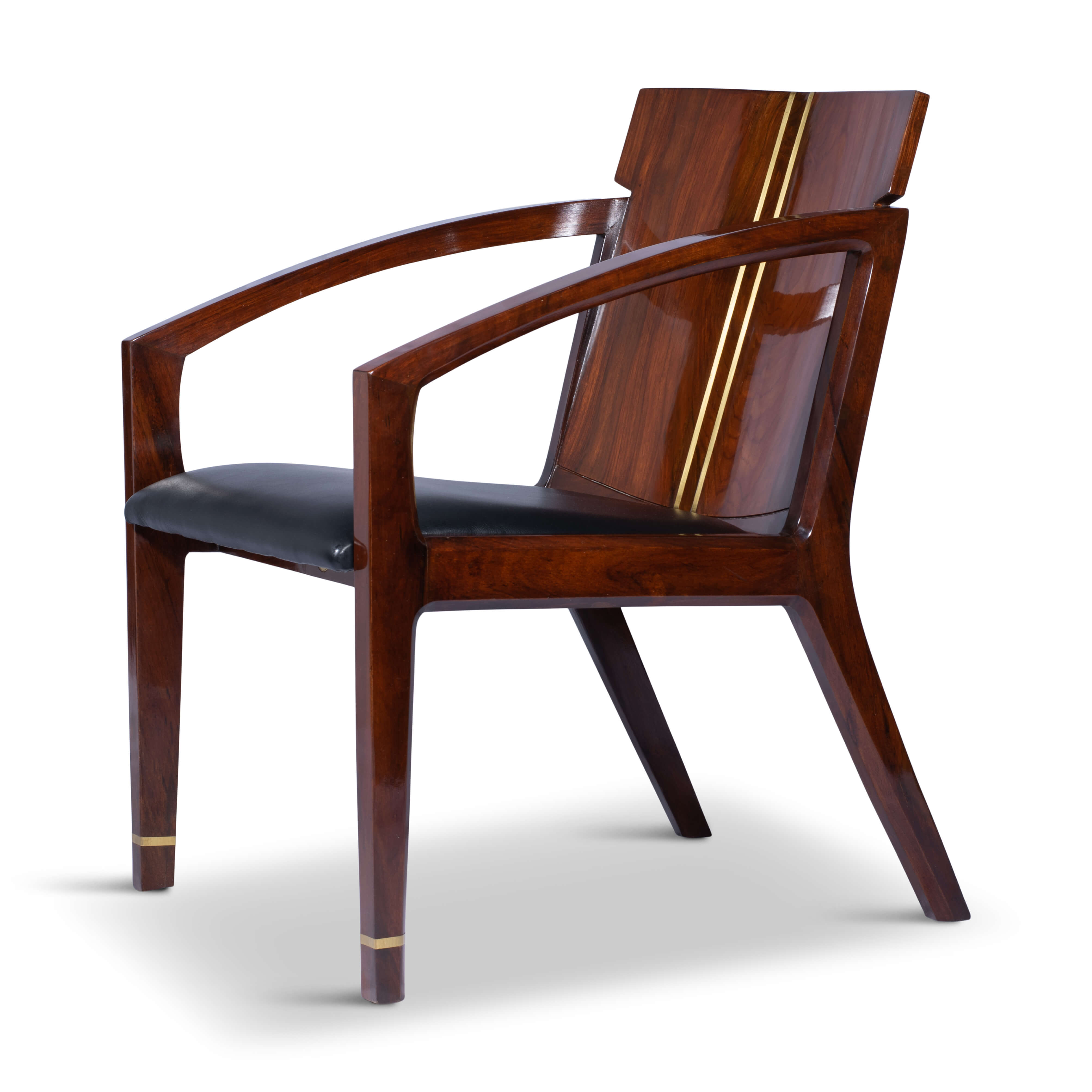 Angled shot of a rosewood armchair showcasing its sculptural frame and tapered legs on white backdrop