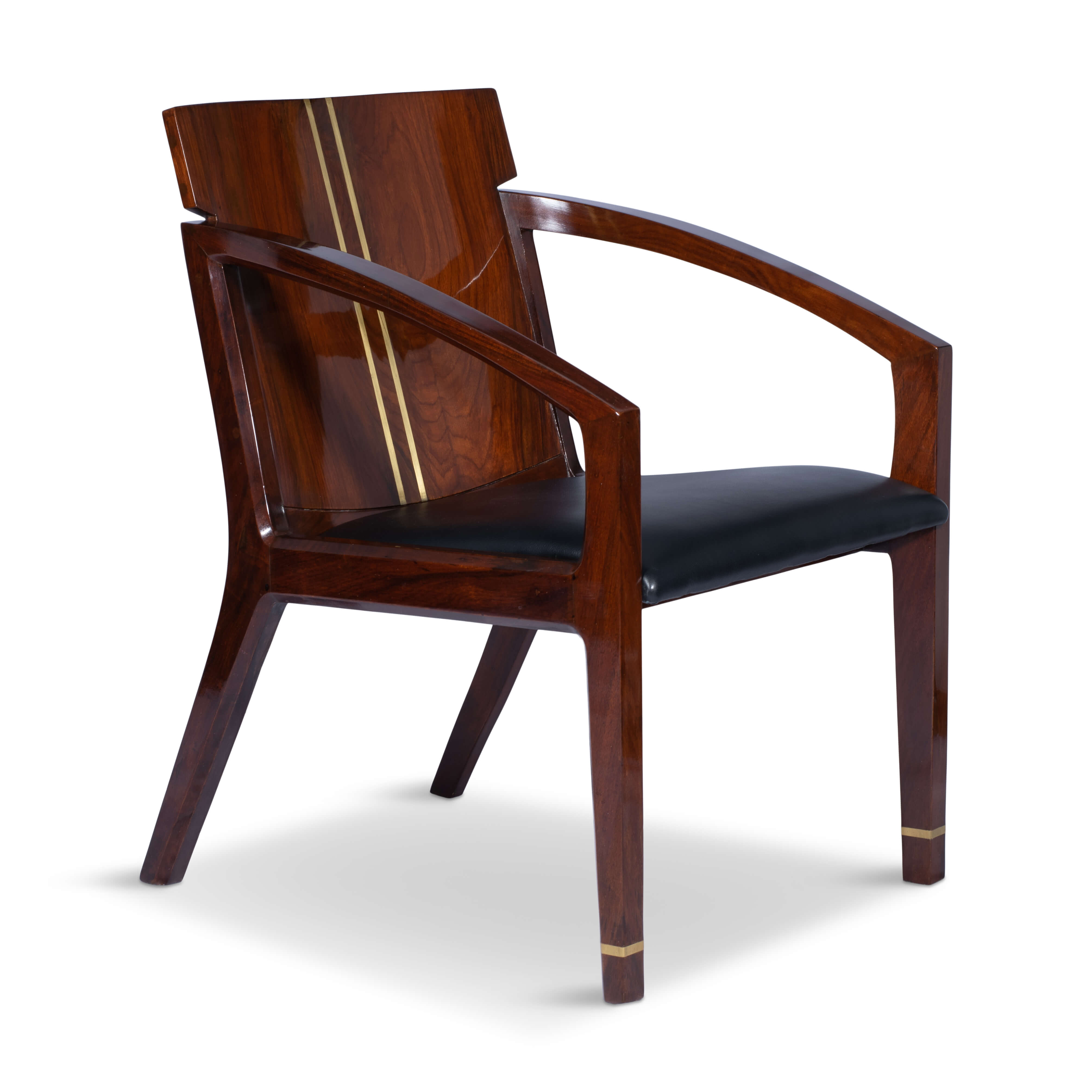 Side profile of an upholstered armchair highlighting the curved armrests and wood grain