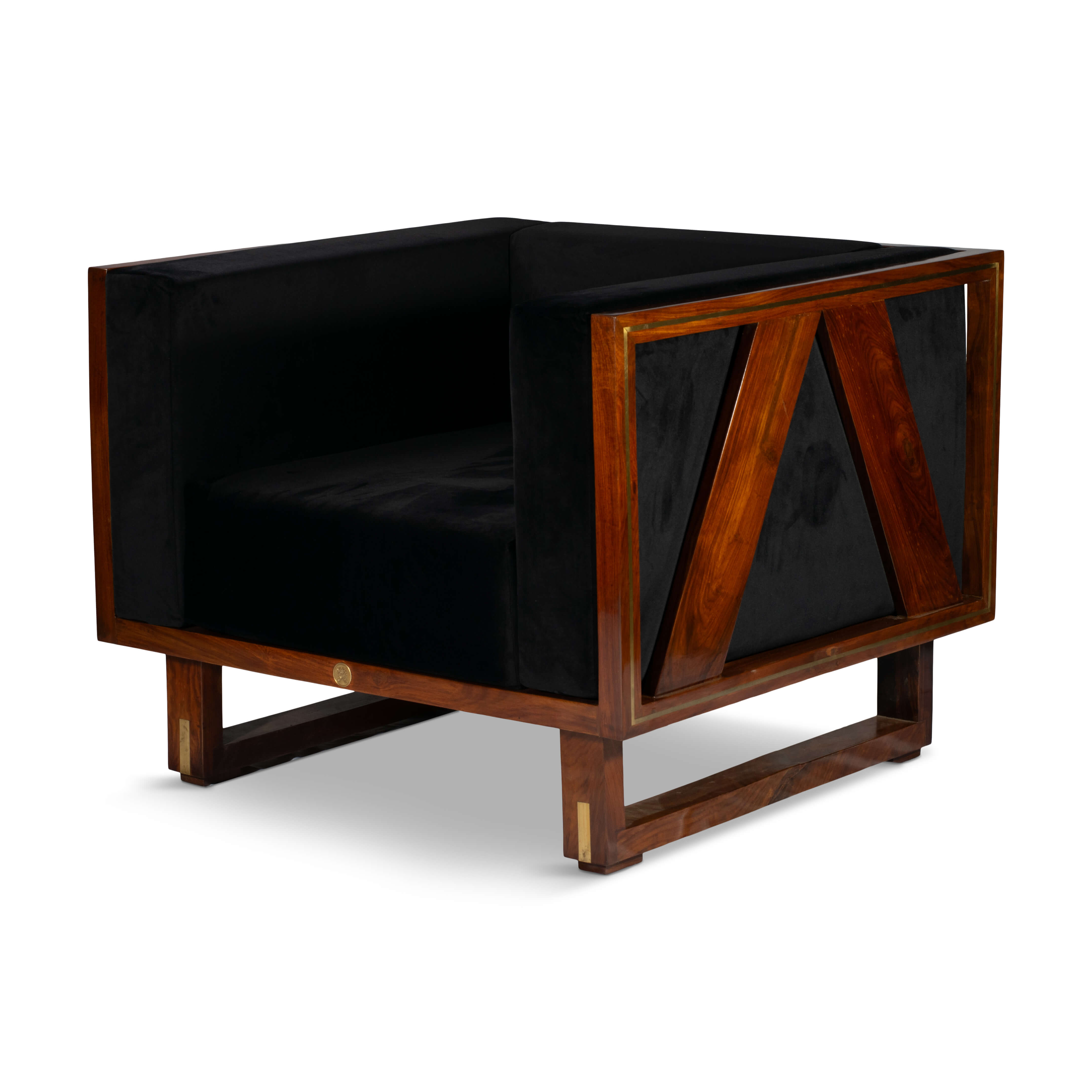Angled view of the sculptural rosewood frame and velvet seat of the accent chair on white background