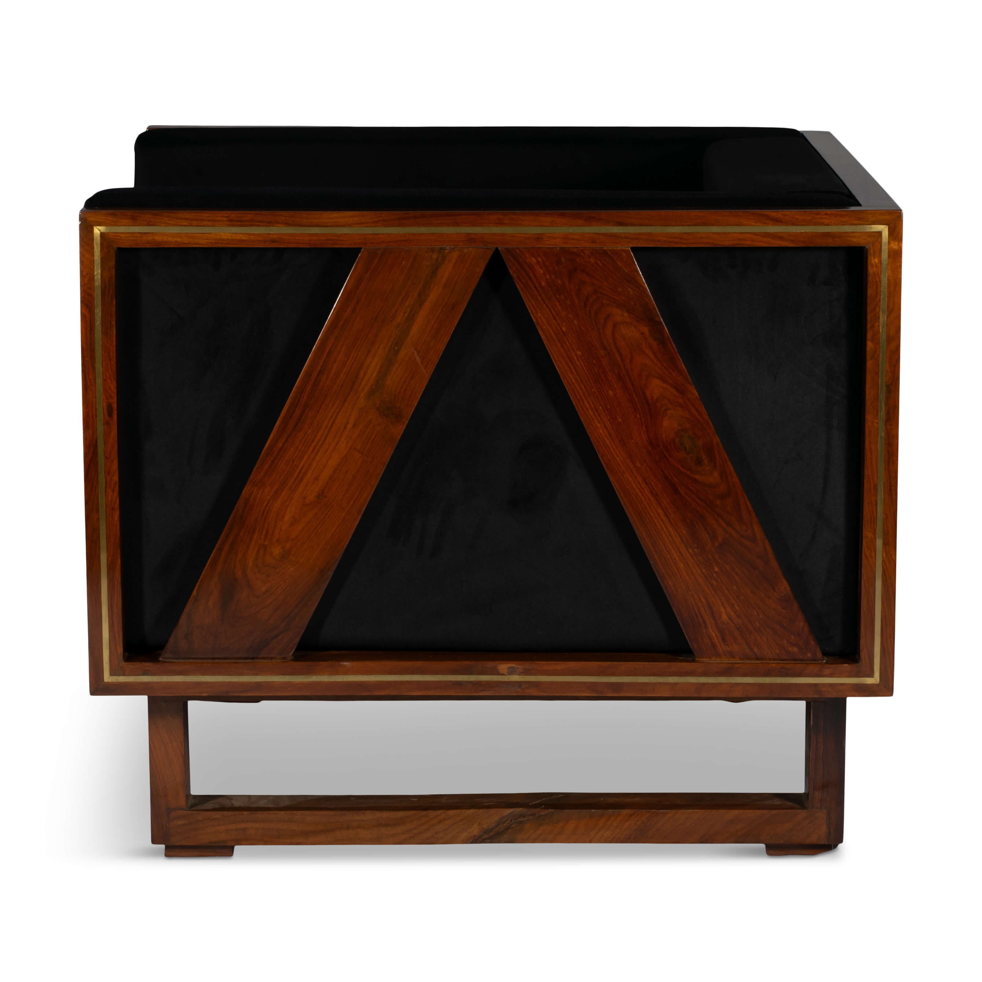 Side profile of the rosewood accent chair highlighting its boxy silhouette and plush seat