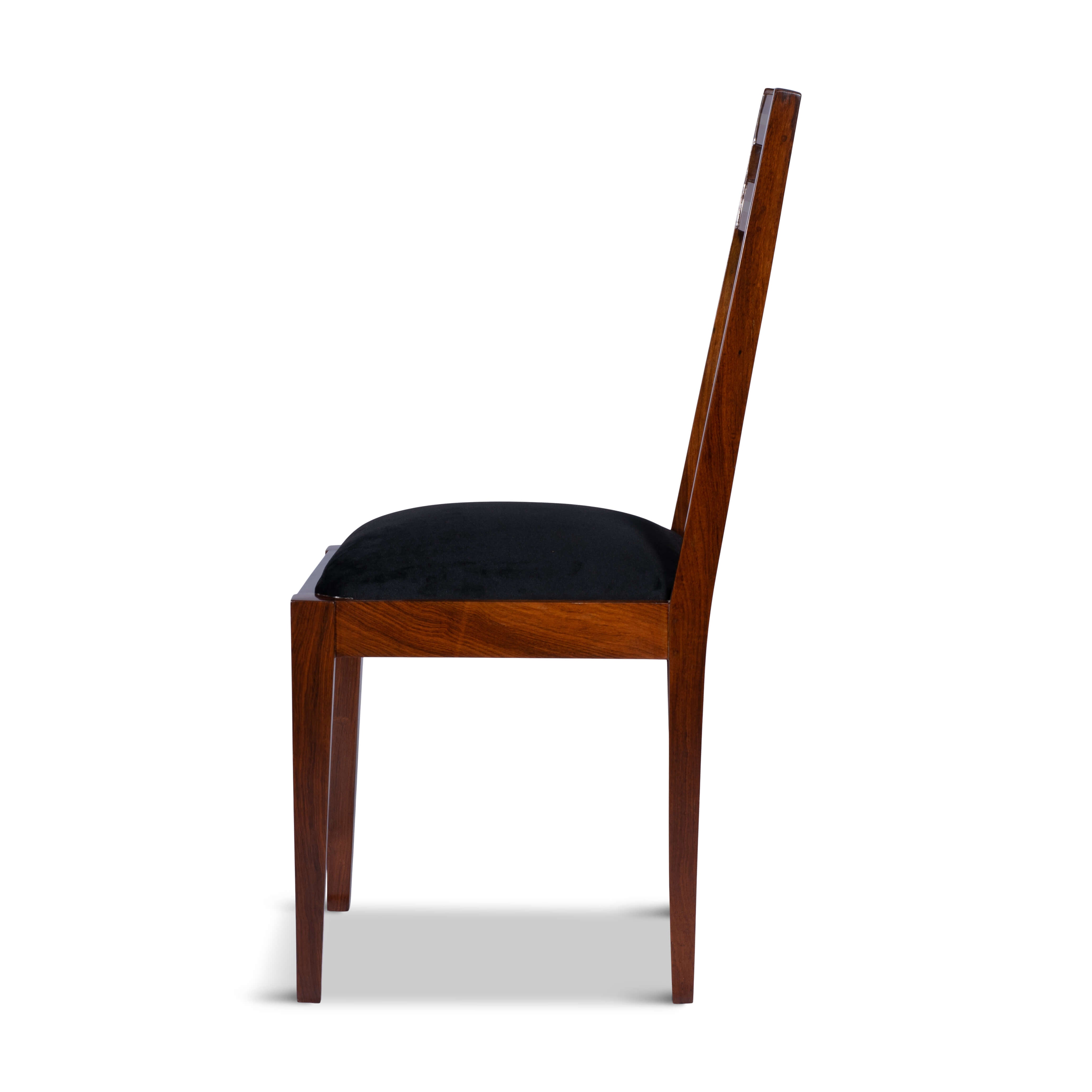 Side profile of NAOF solid wood dining chair highlighting tapered legs and plush black velvet seat