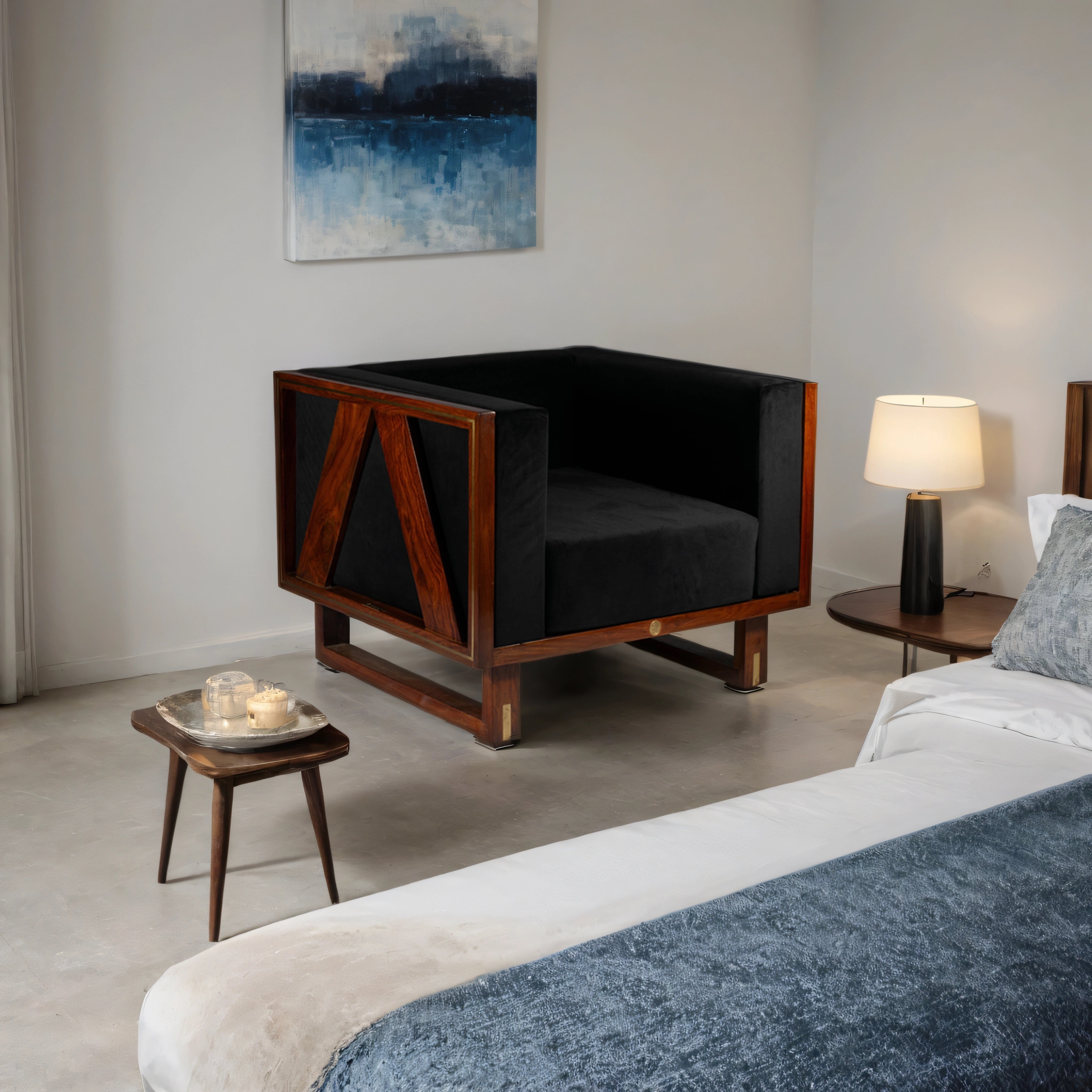 Atlas solid wood accent chair placed in a modern living room next to a painting and bed