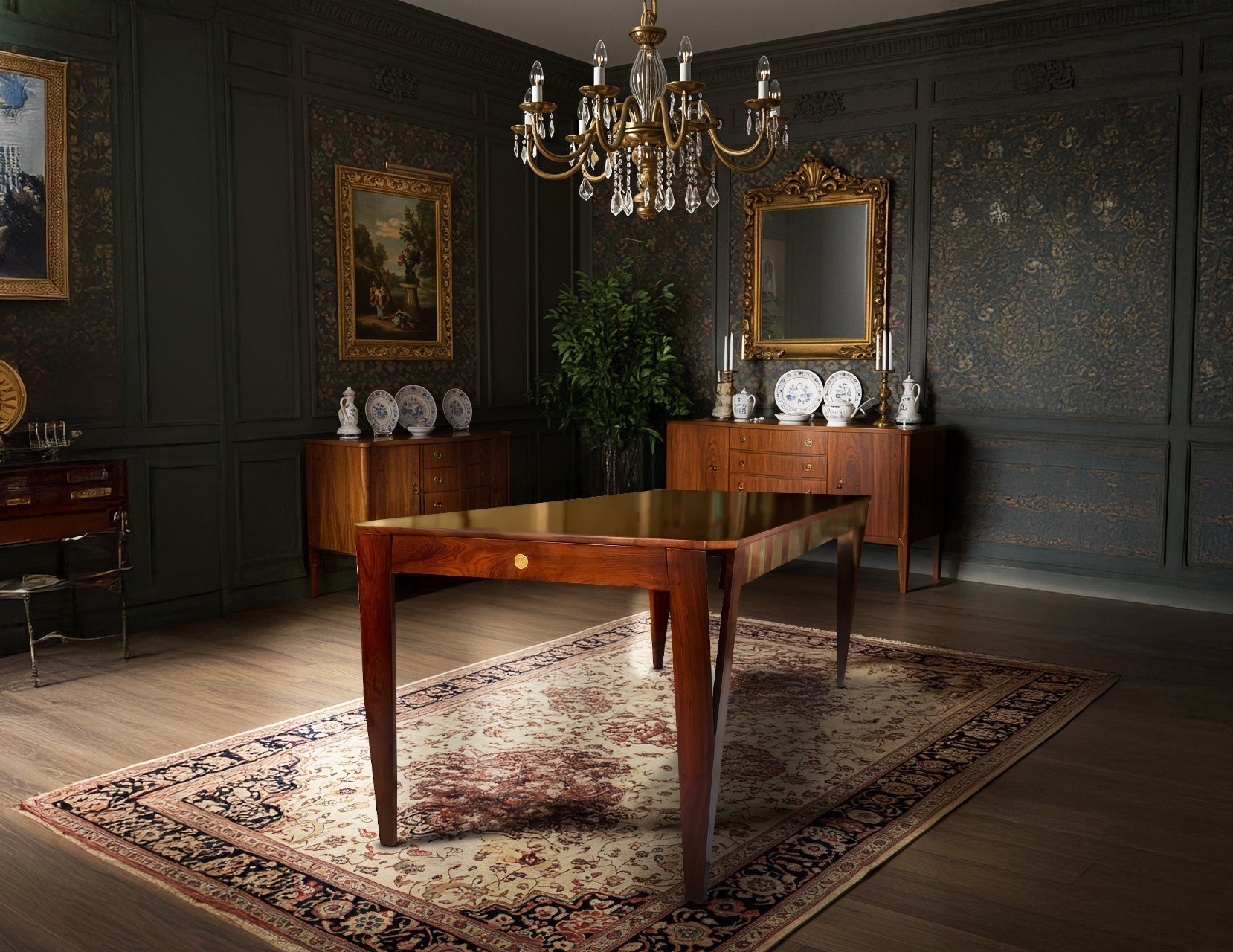 AVA dining table styled in a modern home interior with warm lighting and artisan tableware