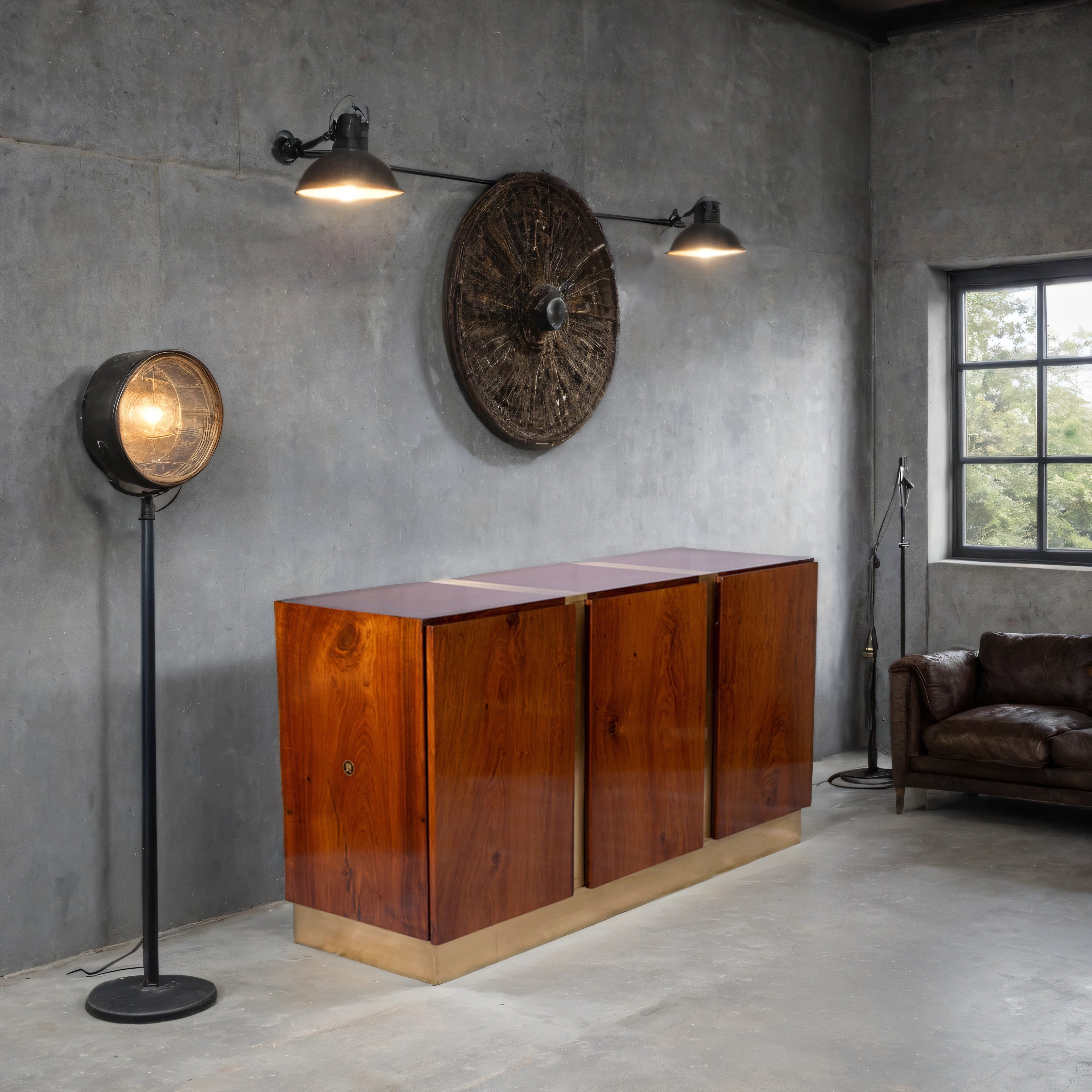 Rosewood Sideboard Credenza in a modern entryway, styled with sculptural vases and warm accent lighting