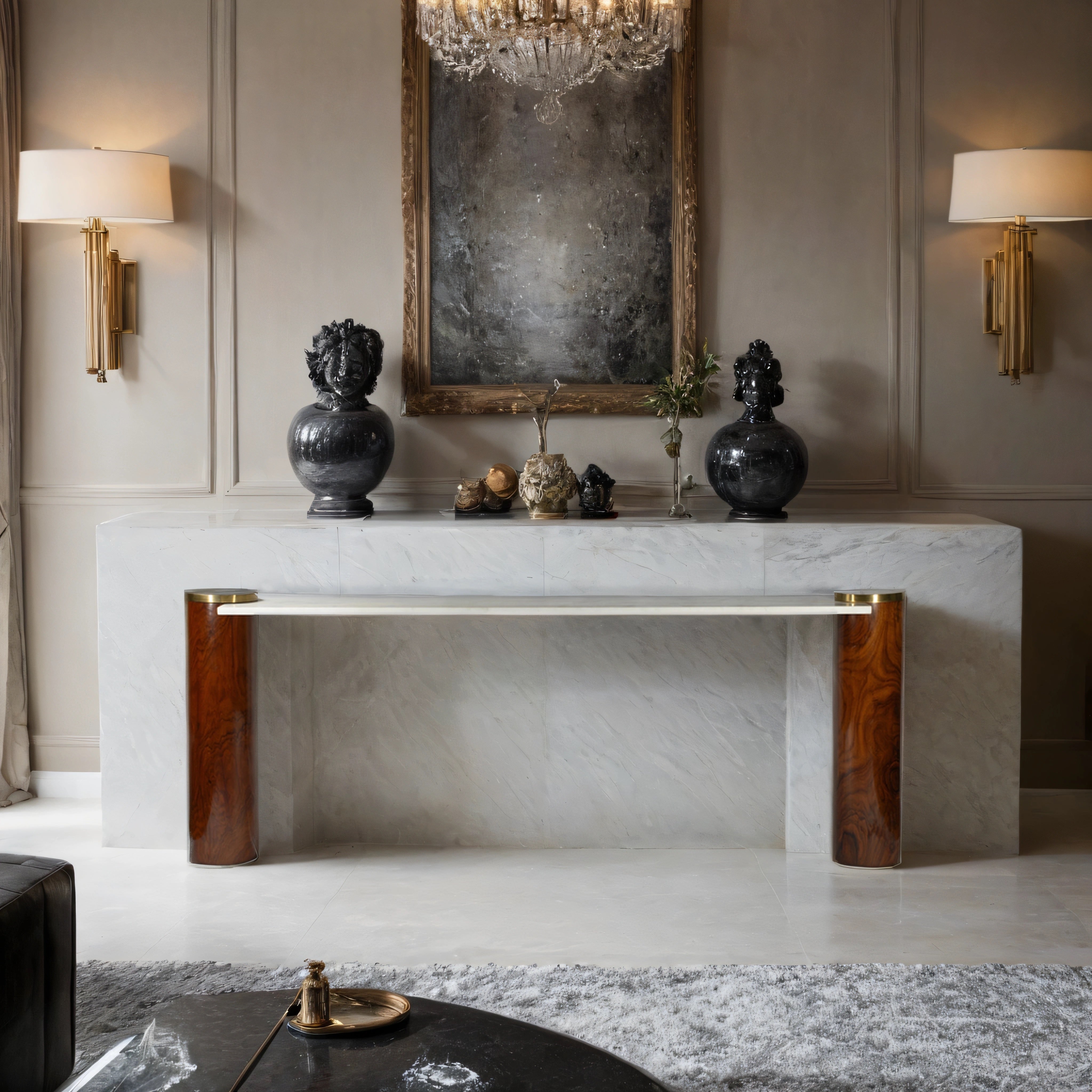 CYLE solid wood console table styled in a modern entryway with decorative vases and warm accent lighting