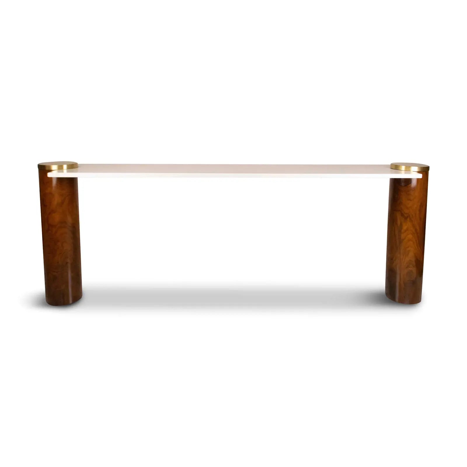 Angled side view of CYLE solid rosewood pillars console table showcasing its cylindrical hand-carved legs