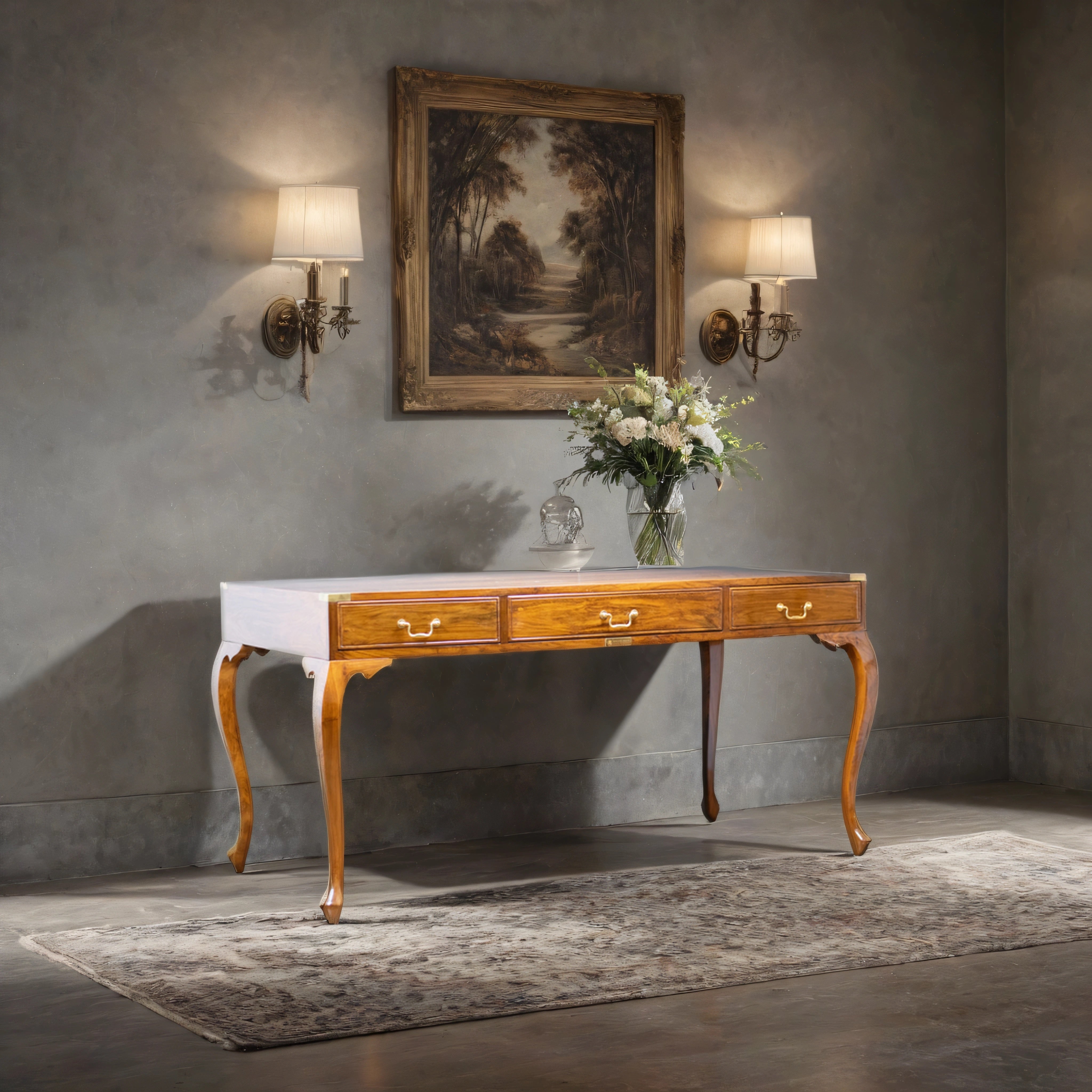 OASIS desk styled in a bright home office with wall lights