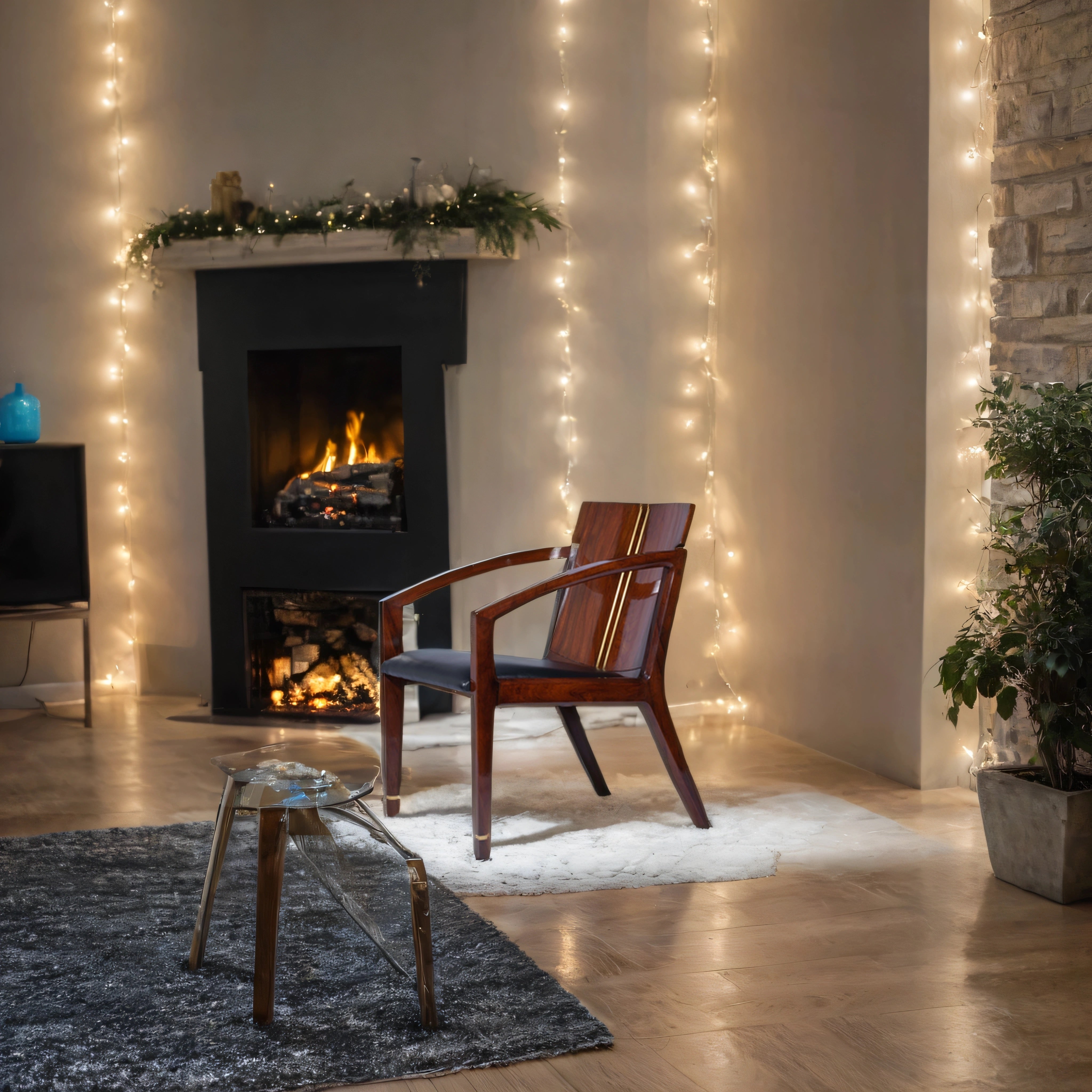 Pegasus armchair styled in a cozy living room corner with string lights and side table