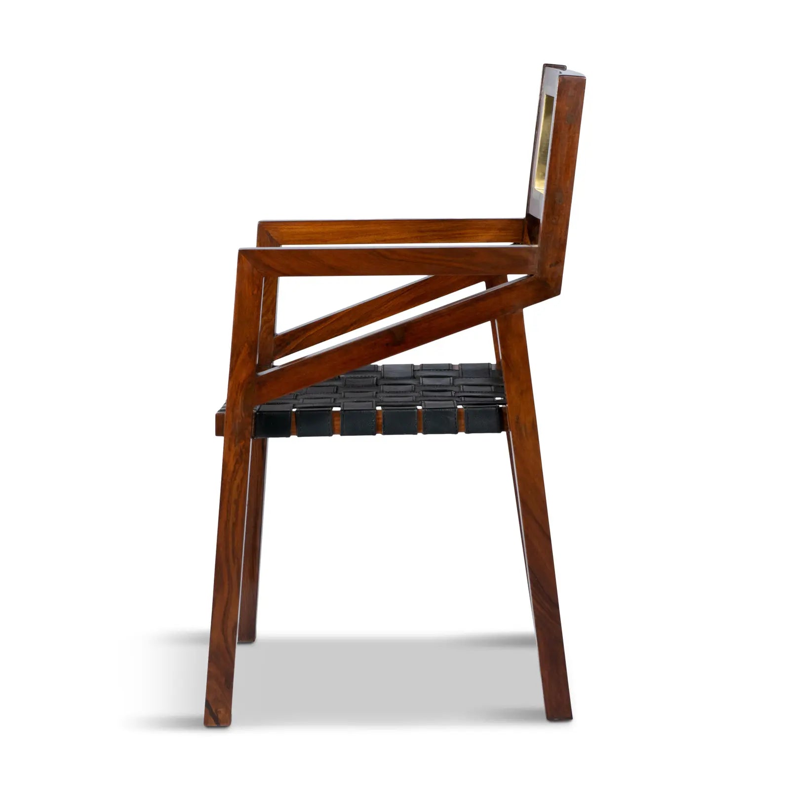 Side profile of the wooden dining chair showing the gentle curve of the backrest and tapering legs