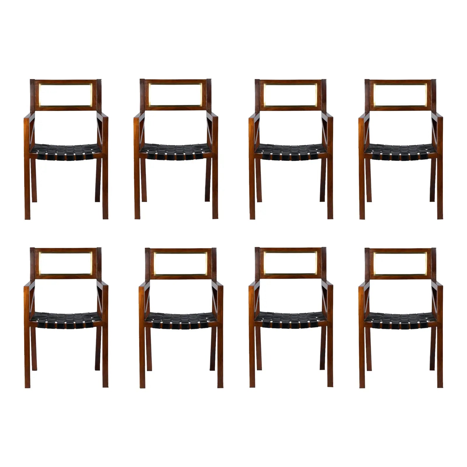 Eight handcrafted rosewood solid wood modern dining chairs arranged in two rows on a white background