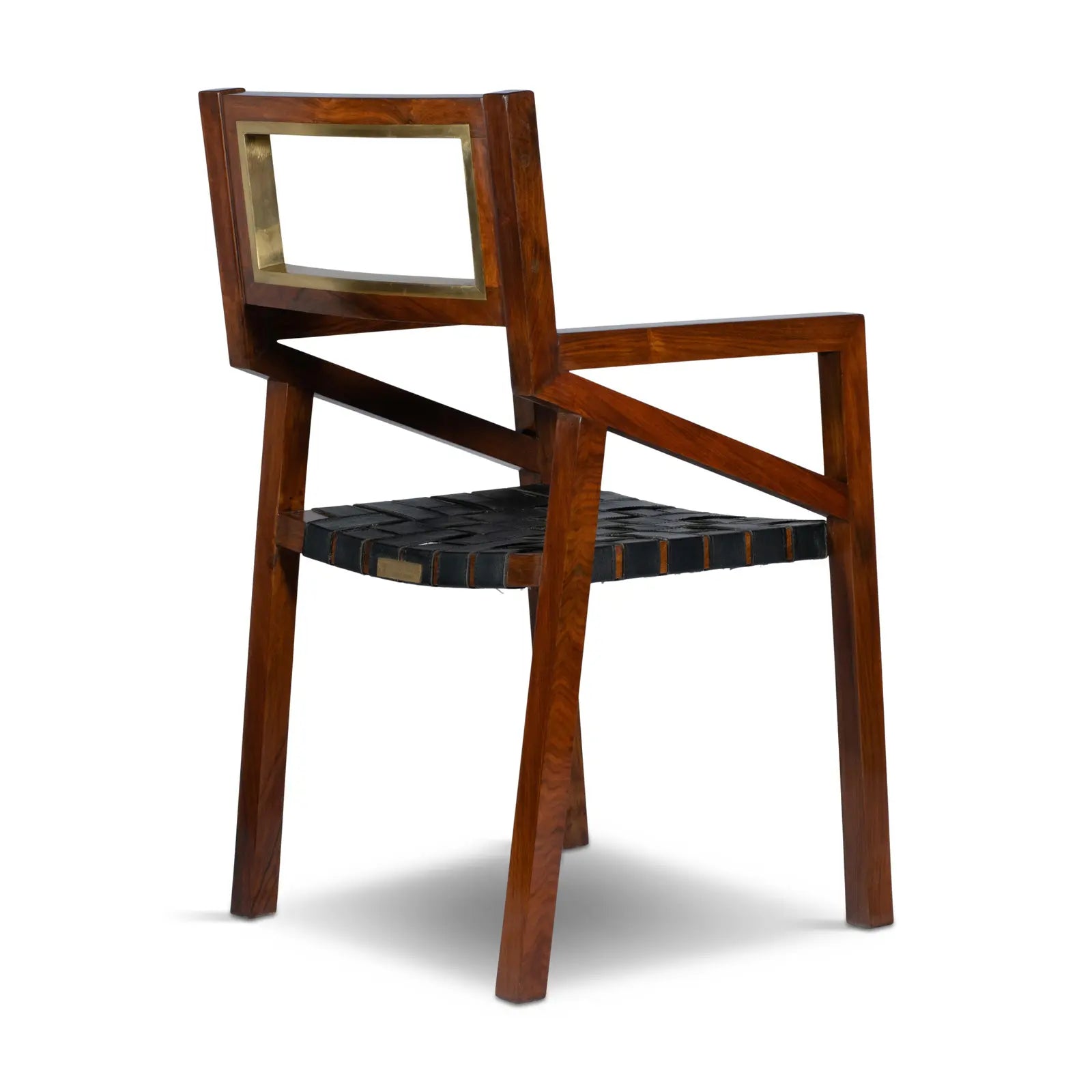 Rear-angle view of the dining chair highlighting its sculpted back slats and sturdy frame on white backdrop
