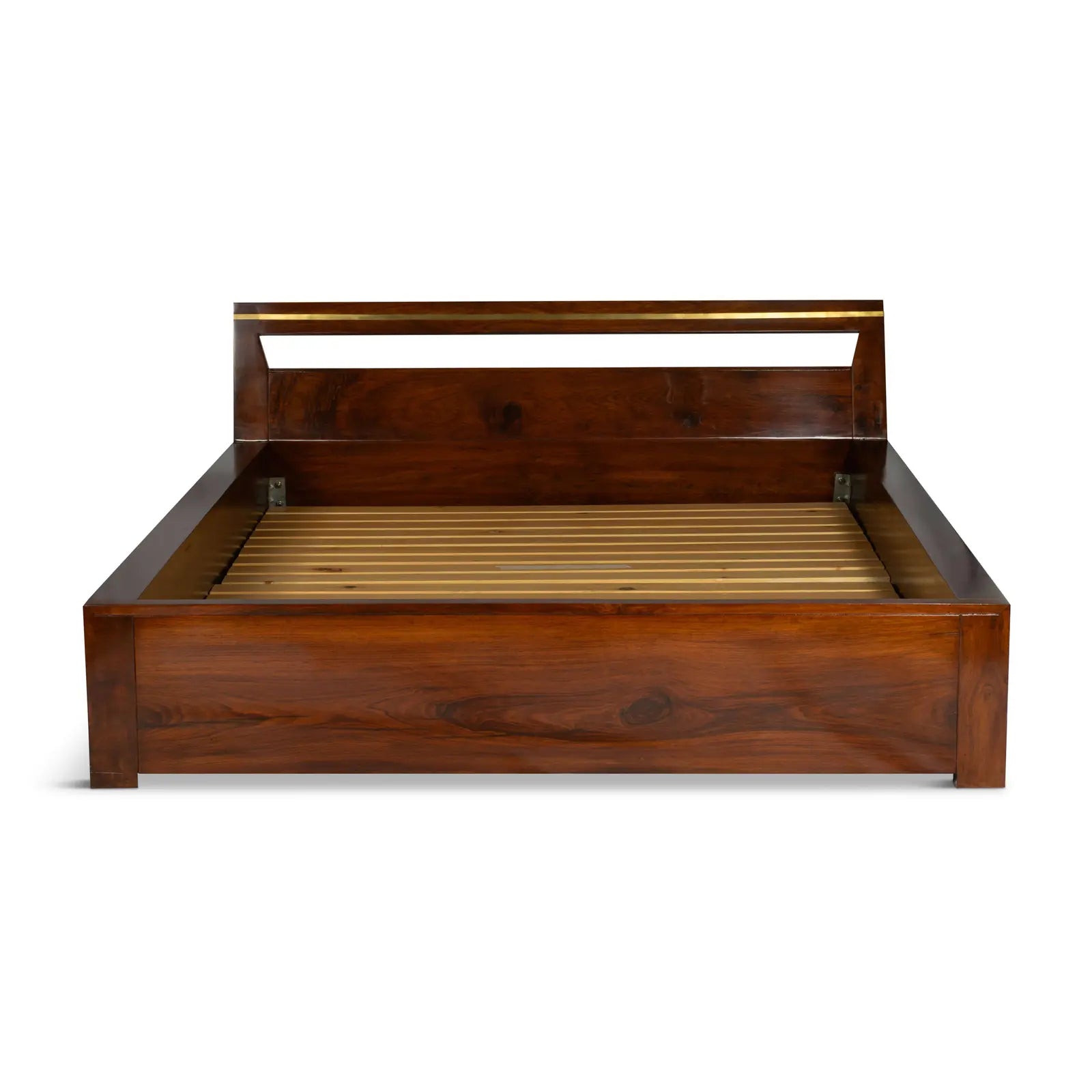 Front view of a rosewood platform bed on white background, highlighting exposed wooden slats and low-profile frame