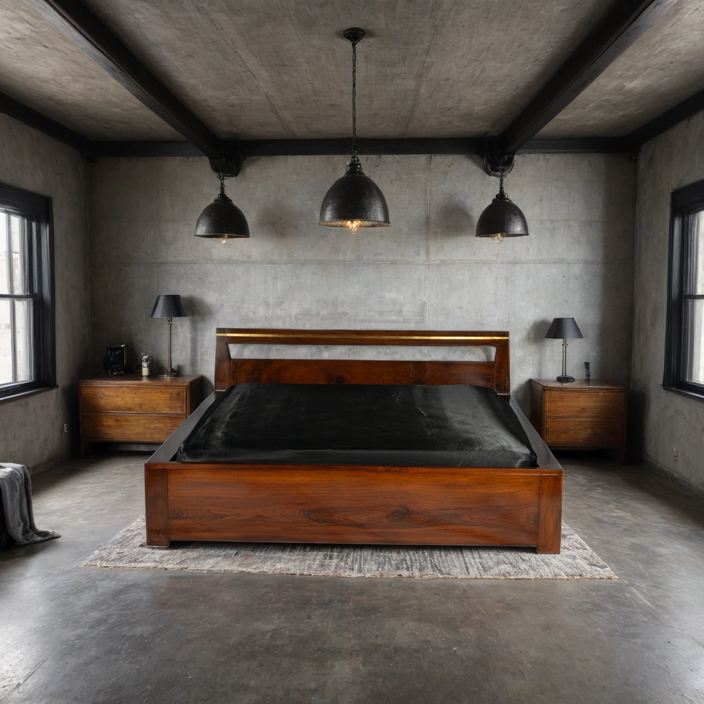 Solid wood bed styled in a modern bedroom with linen bedding and matching bedside tables