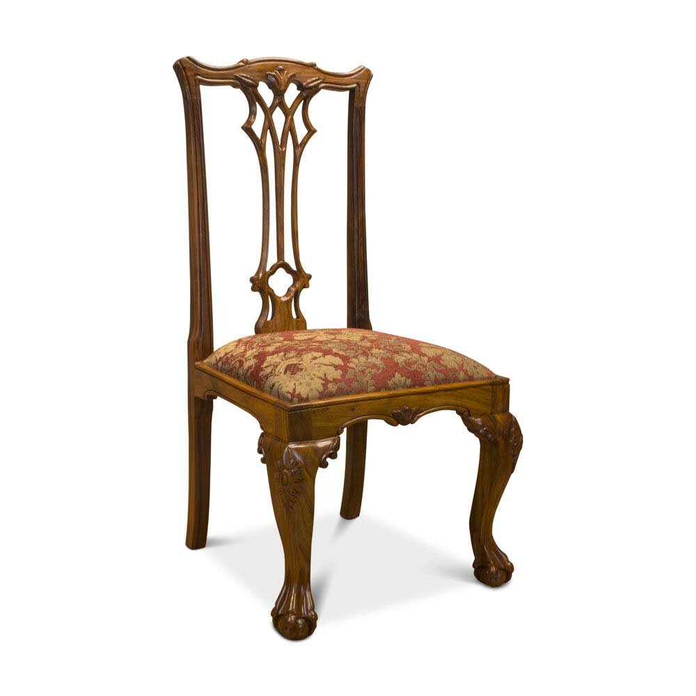 Angled shot of a hand-carved Solid Wood Accent Chairs in rosewood chair highlighting Rococo cabriole leg and back crest