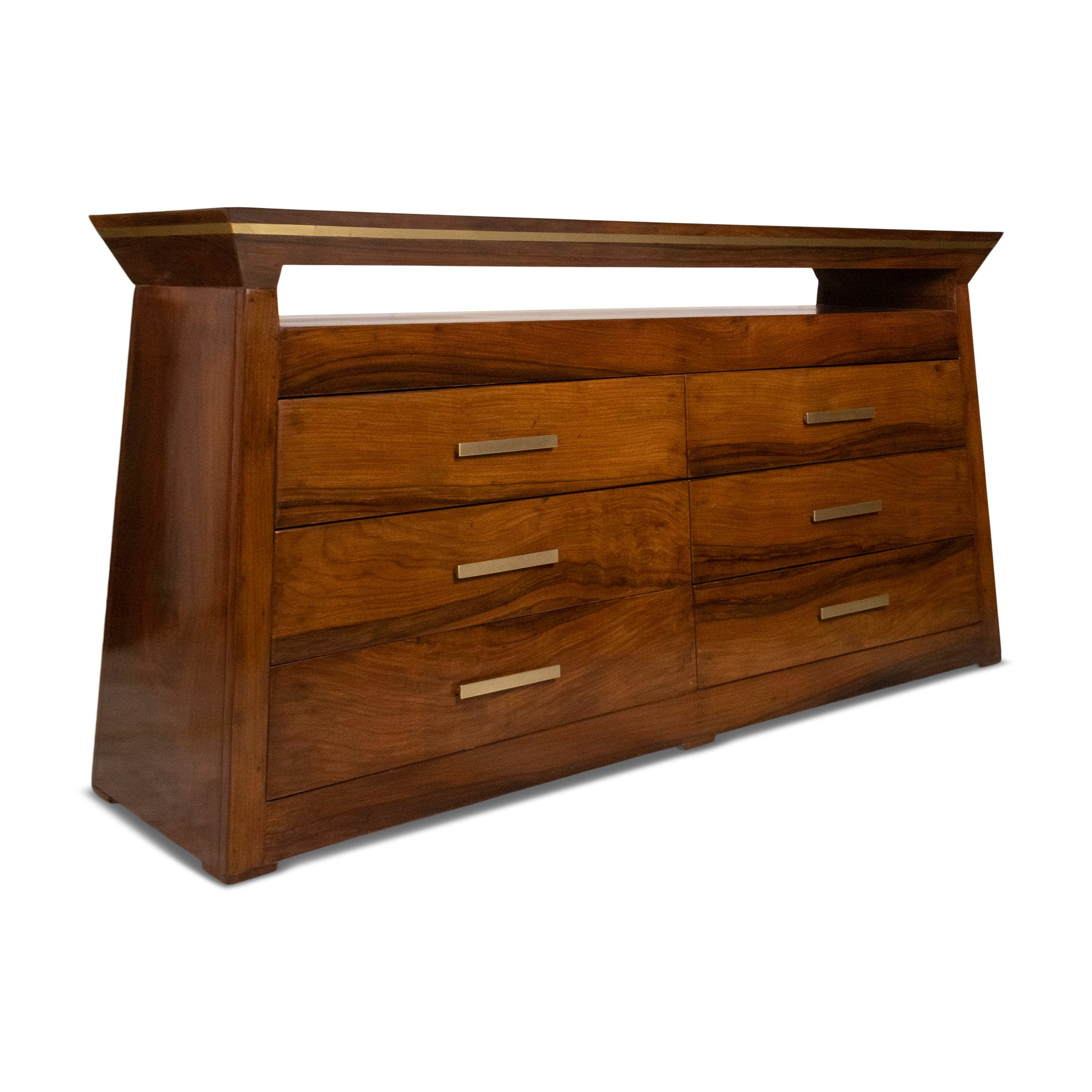 Osiris sideboard angles view with brass-pull drawers on white background