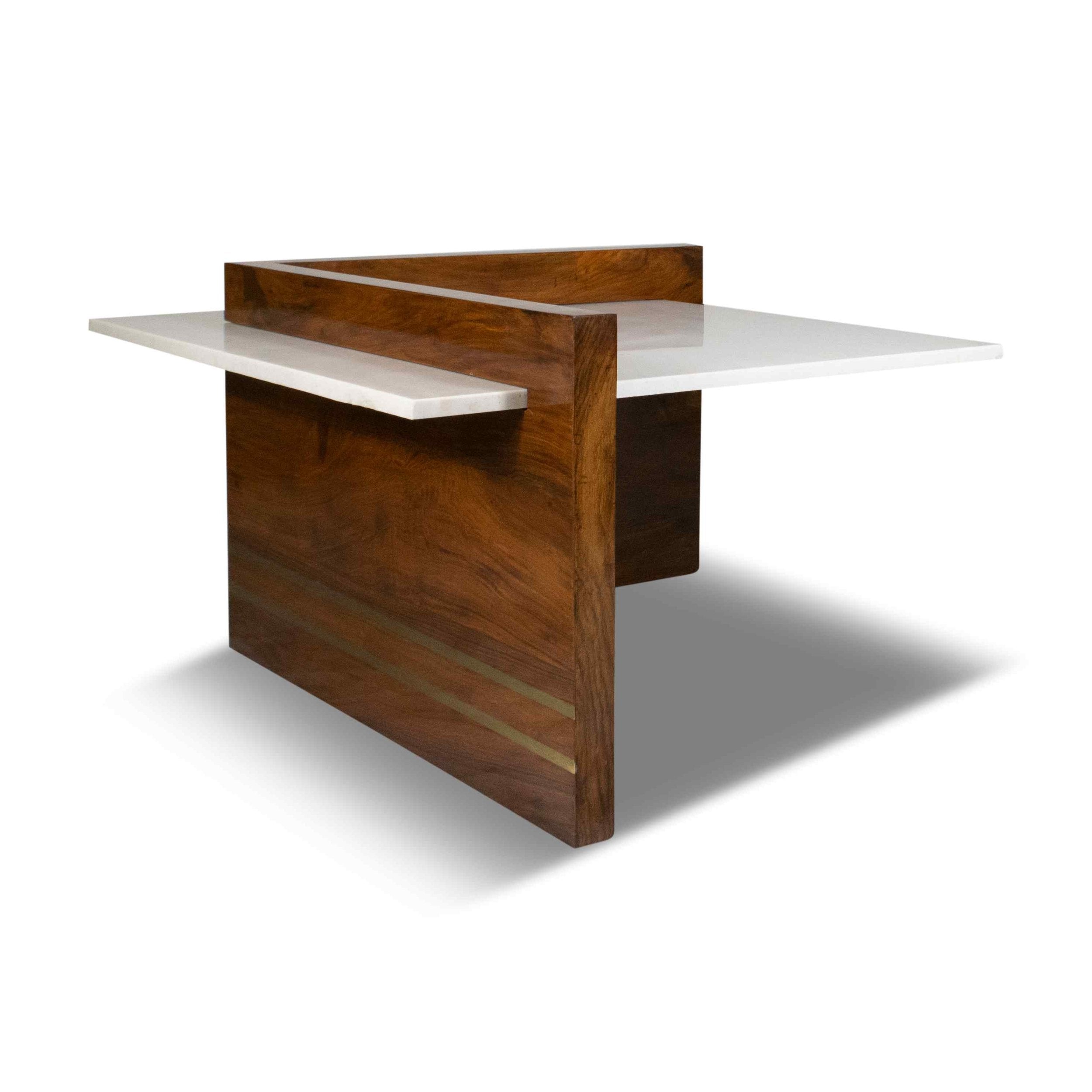 Sculptural rosewood coffee table with floating white marble slab on white backdrop