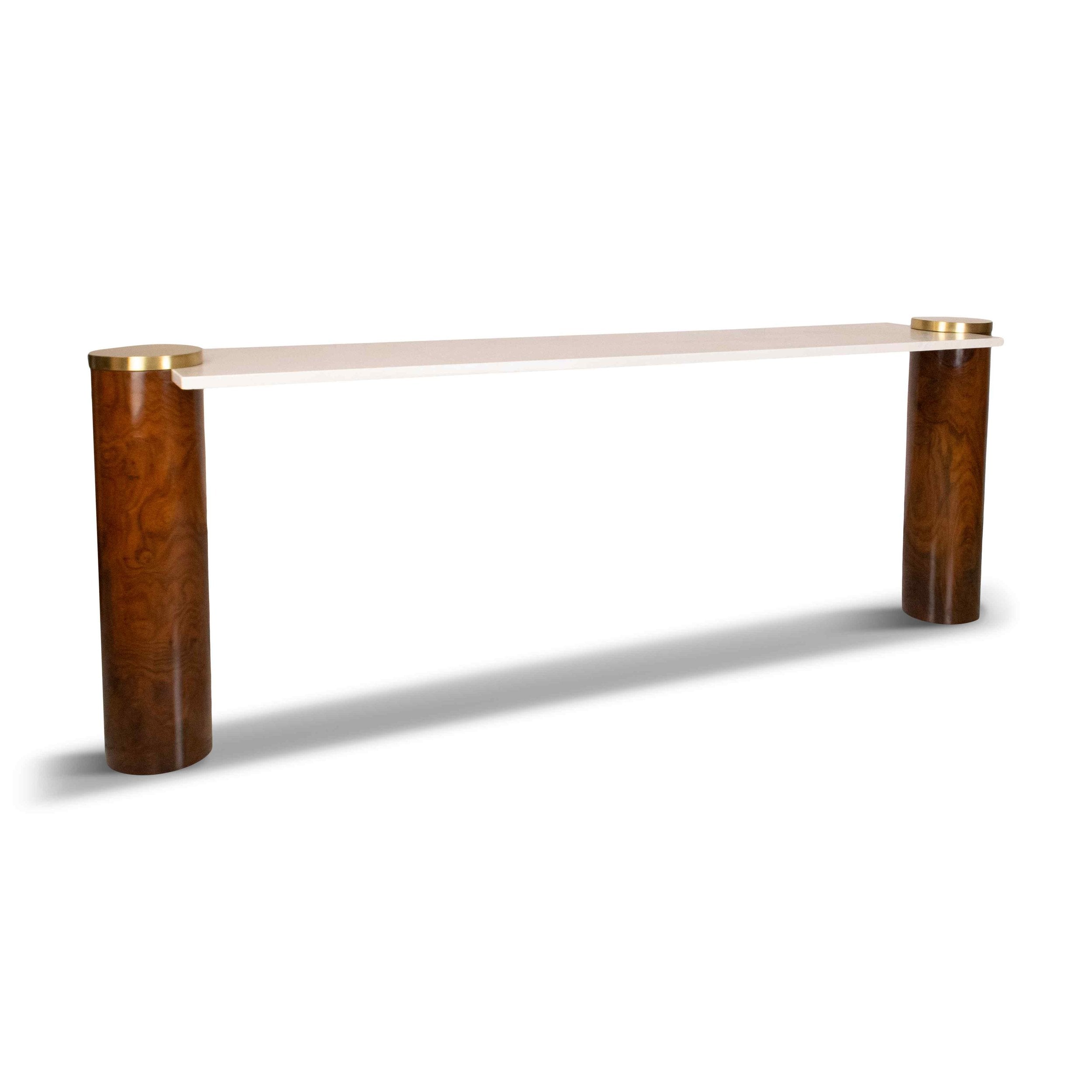 Front view of CYLE handmade solid wood console table from rosewood on white background
